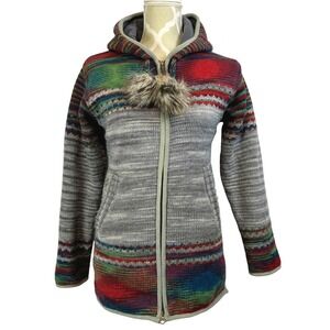 Laundromat Colorful‎ Striped Wool Blend Zip Up Hoodie Jacket Womens Small Nepal
